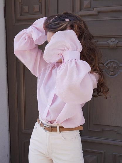 Loose Puff Sleeves Pleated Solid Color Split-Joint Lapel Blouses&Shirts Tops