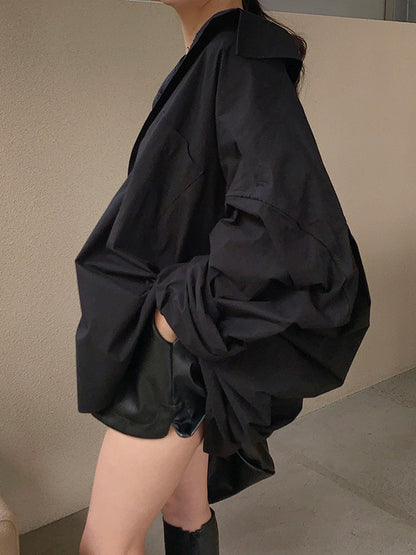 Long Sleeves Loose Buttoned Pockets Solid Color Lapel Blouses&Shirts Tops