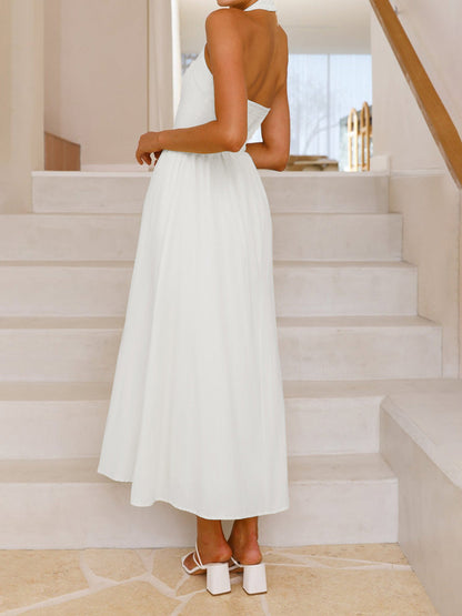 A-Line High Waisted Backless Pleated Pockets Solid Color Split-Joint Halter-Neck Midi Dresses