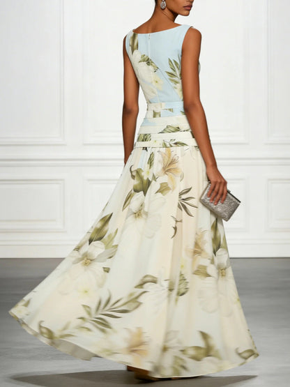 A-Line High Waisted Flower Print Pleated Split-Joint Zipper Round-Neck Maxi Dresses