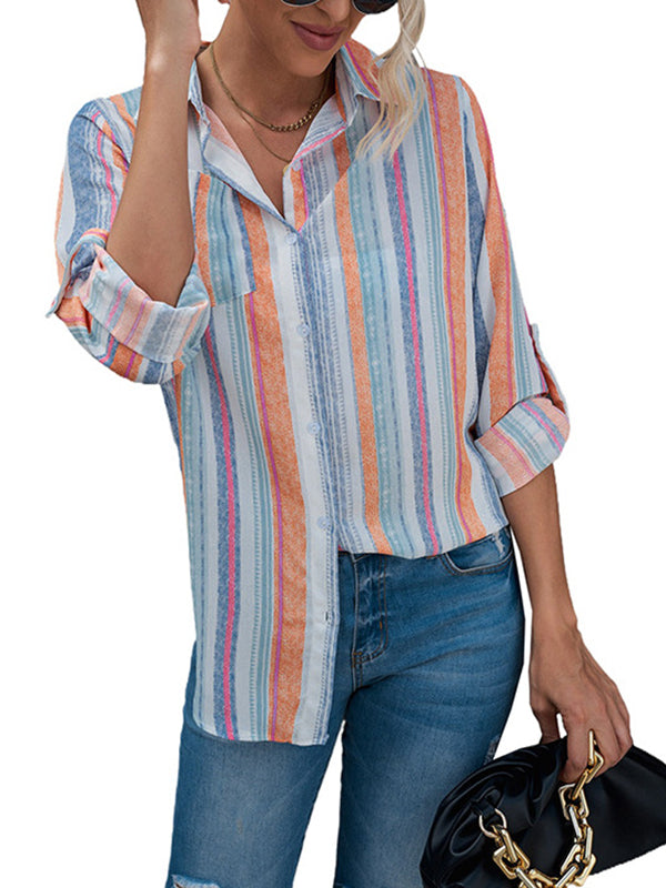 High-Low Long Sleeves Buttoned Pockets Striped Lapel Blouses&Shirts Tops