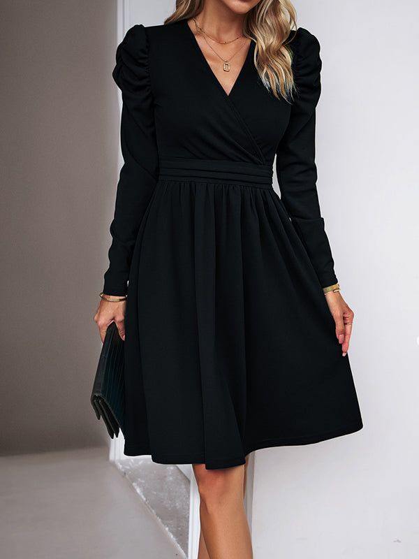 Puff Sleeves Skinny Pleated Solid Color Split-Joint V-Neck Midi Dresses
