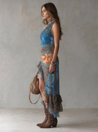 Irregularity Sleeveless Pleated Printed Ruffle Trim Split-Side One-Shoulder Midi Dresses