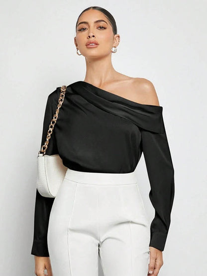 Long Sleeves Skinny Pleated Solid Color Split-Joint One-Shoulder Blouses&Shirts Tops