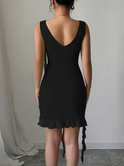 Bodycon High Waisted Pleated Solid Color V-Neck Mini Dresses