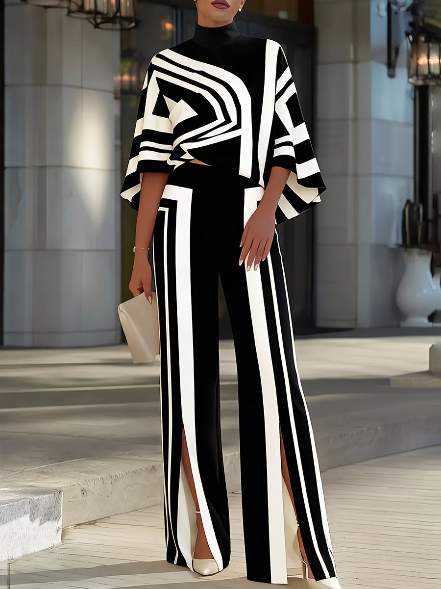 Striped Split-front Contrast Color Wide Leg High Waisted Trousers Pants