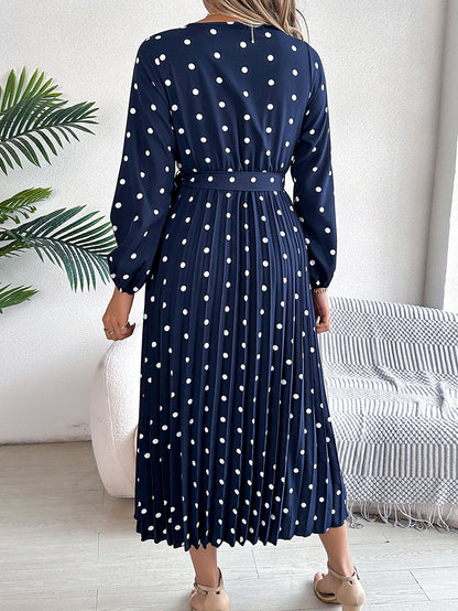 High Waisted Long Sleeves Pleated Polka Dot Tied Waist V-Neck Maxi Dresses Shirt Dress