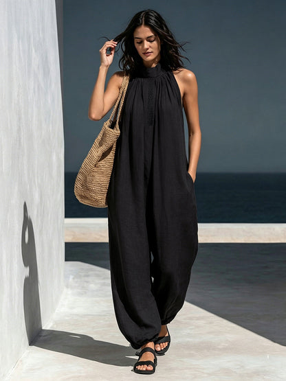 Loose Sleeveless Hollow Pockets Solid Color Mock Neck Jumpsuits