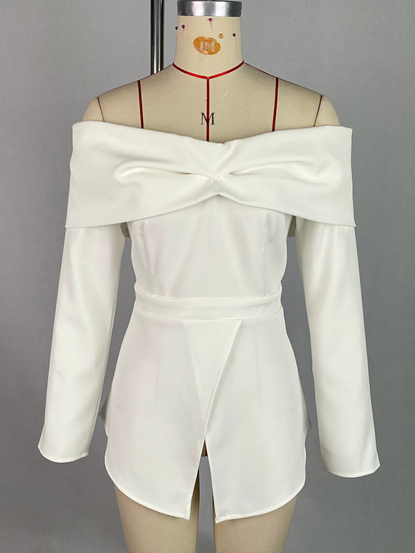 Long Sleeves Loose Pleated Solid Color Split-Front Off-The-Shoulder Blouses&Shirts Tops