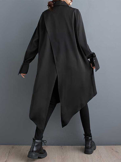 Irregularity Long Sleeves Buttoned Pockets Solid Color Split-Joint Lapel Midi Dresses Shirt Dress