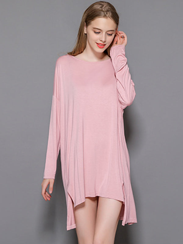Solid Color Modal Plus Size High-Low Long Sleeve Pajamas Dress