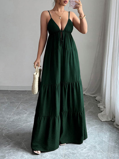 A-Line Sleeveless Backless Drawstring Pleated Solid Color Spaghetti-Neck Maxi Dresses