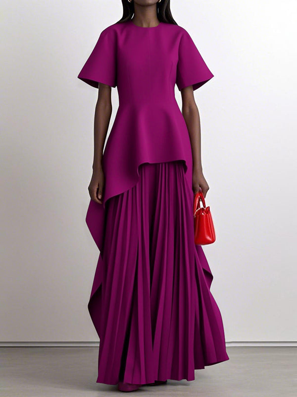 A-Line High Waisted Pleated Solid Color Split-Joint Round-Neck Maxi Dresses