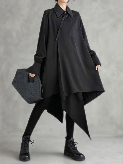 Irregularity Long Sleeves Buttoned Pockets Solid Color Split-Joint Lapel Midi Dresses Shirt Dress