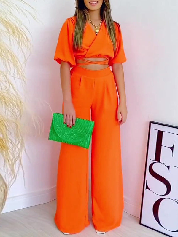 Half Sleeves Elasticity Solid Color Tied V-Neck T-Shirts Top +High Waisted Pants Bottom Two Pieces Set