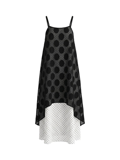 False Two Sleeveless Contrast Color Polka Dot See-Through Spaghetti-Neck Midi Dresses Slip Dress
