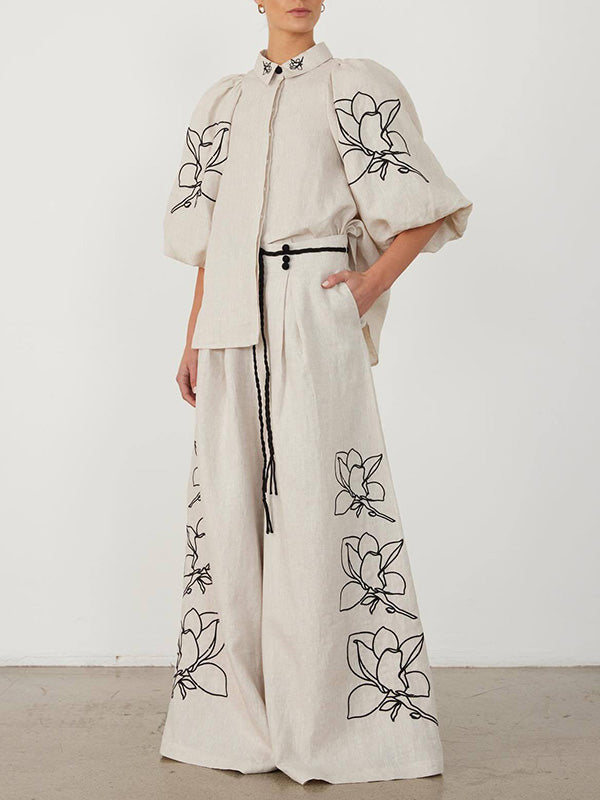 Loose Puff Sleeves Pleated Printed Split-Joint Lapel Blouses&Shirts Tops