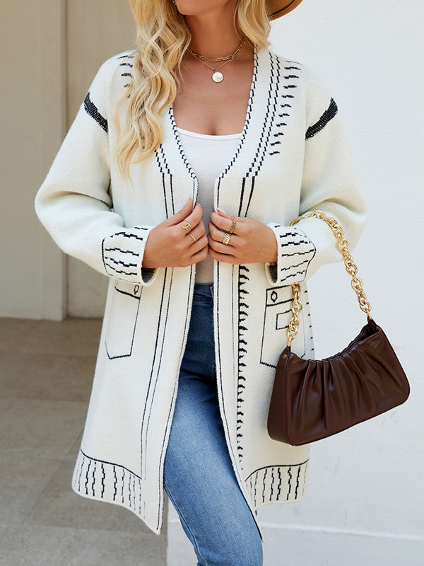 Long Sleeves Loose Jacquard Split-Joint V-Neck Cardigan Tops