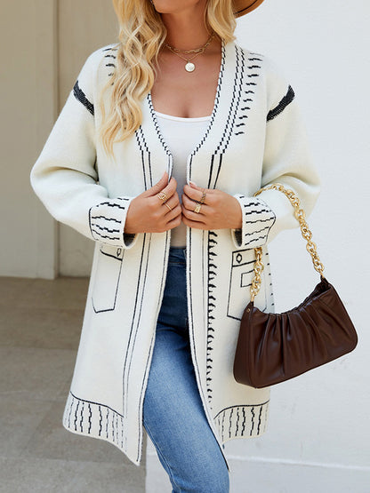 Long Sleeves Loose Jacquard Split-Joint V-Neck Cardigan Tops