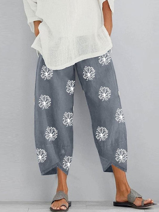Loose Flower Print Pockets Split-Joint Pants Trousers