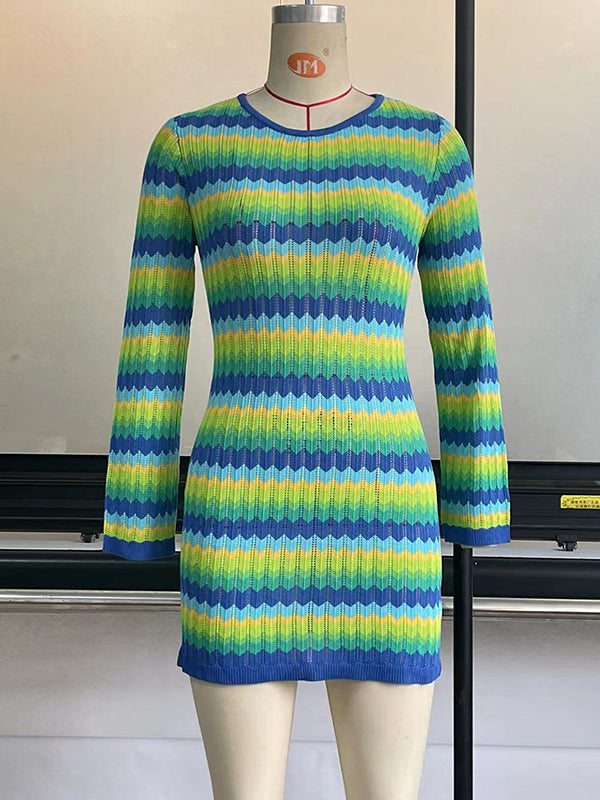 Long Sleeves Skinny Backless Contrast Color Tied Round-Neck Mini Dresses Sweater Dresses