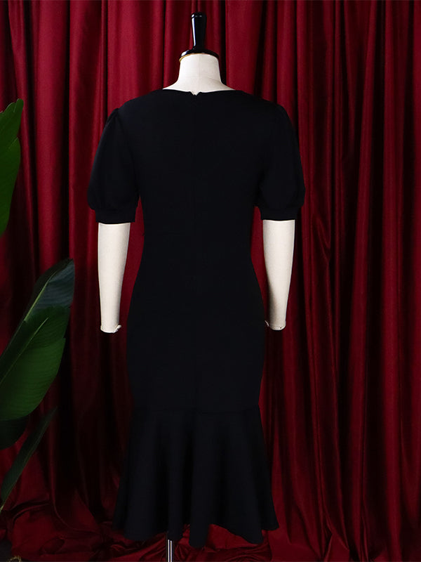 Bodycon Mermaid Pleated Solid Color Zipper V-Neck Midi Dresses