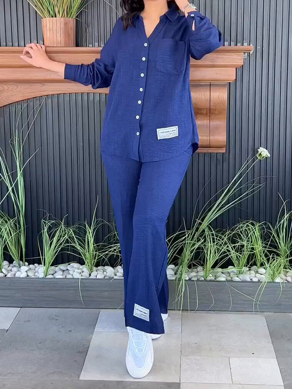 Solid Color Long Sleeves Buttoned Lapel Shirts Top + Split-Side High Waisted Pants Bottom Two Pieces Set