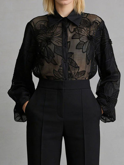 Long Sleeves Buttoned Embroidered Solid Color Lapel Blouses&Shirts Tops