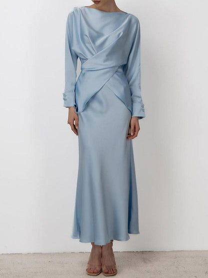Loose Solid Color Split-Joint Boat Neck Long Sleeves Blouse & Shirt + Skirt Two Pieces Set