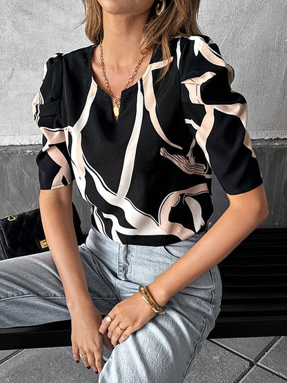 Half Sleeves Loose Contrast Color Pleated V-Neck Blouses&Shirts Tops