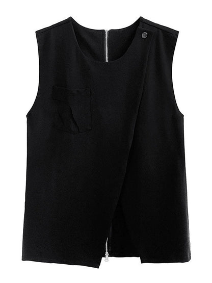 Loose Sleeveless Asymmetric Zipper Round-Neck Vest Top