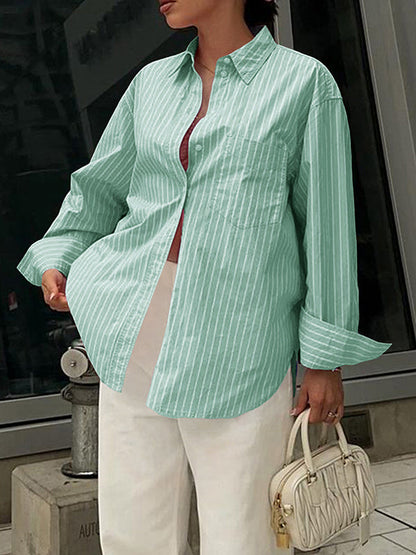 Long Sleeves Loose Buttoned Contrast Color Pockets Striped Lapel Blouses&Shirts Tops