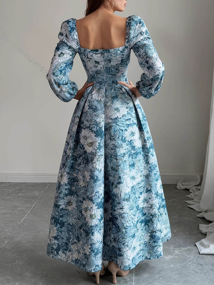 A-Line High Waisted Contrast Color Flower Print Pleated Split-Joint Square-Neck Maxi Dresses