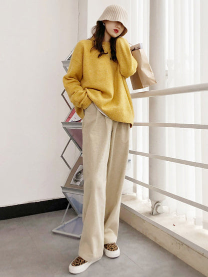 Simple Loose Long Sleeves Round-Neck Sweater Tops Pullovers