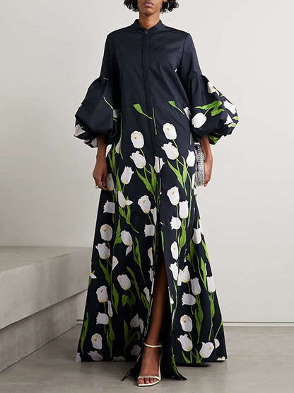 Loose Plus Size Flower Print Pleated Split-Joint Stand Collar Maxi Dresses Trench Coats