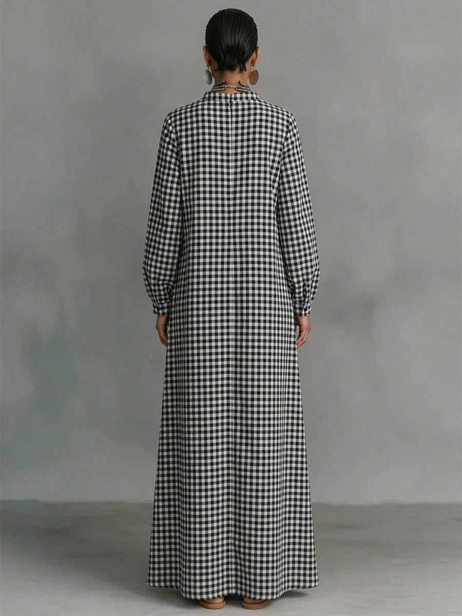 Pockets Plain Contrast Color Puff Sleeves Loose V-neck Maxi Dresses