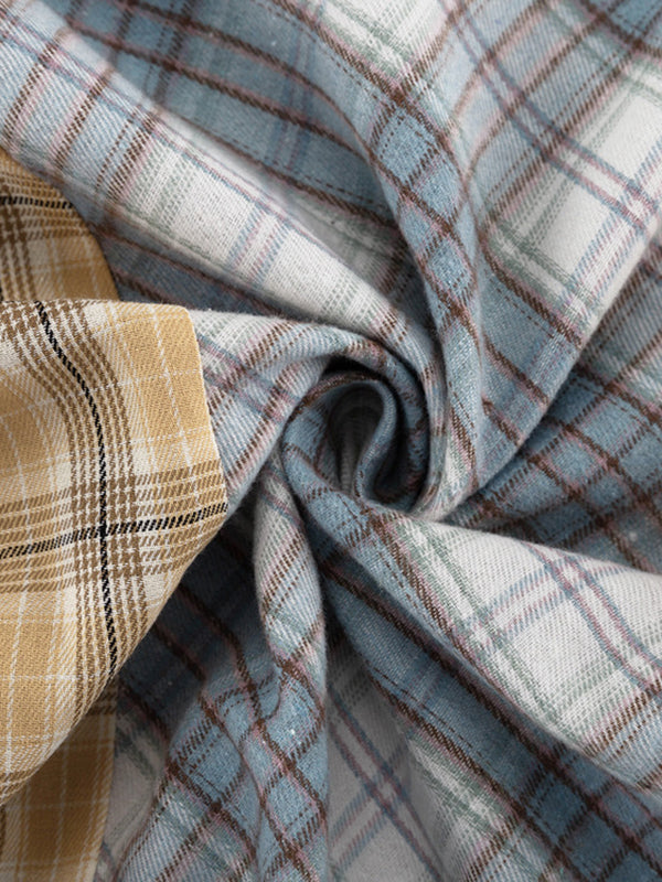 Long Sleeves Loose Buttoned Contrast Color Plaid Ruffle Trim Split-Joint Lapel Blouses&Shirts Tops