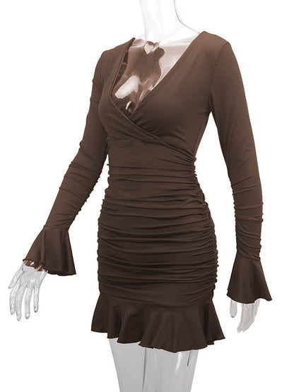 Bodycon Elasticated Waist Pleated Ruffled Solid Color Split-Joint V-Neck Midi Dresses