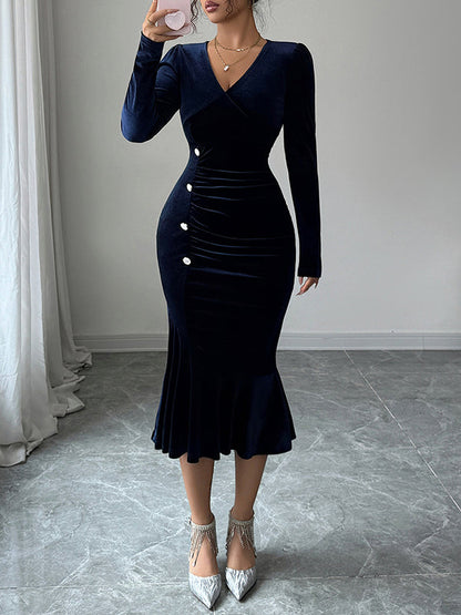 Bodycon High Waisted Buttoned Pleated Solid Color Velvet V-Neck Midi Dresses