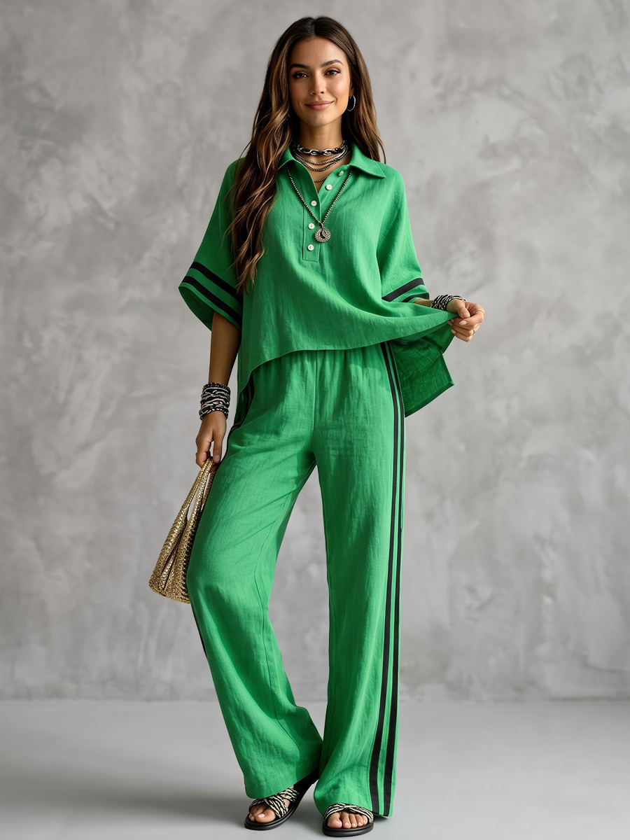 Striped Split-side Contrast Color Buttoned Loose High-low Lapel Blouses&shirts Tops