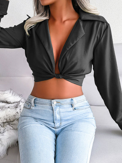 Long Sleeves Knot Solid Color Split-Joint Deep V-Neck Blouses&shirts Tops