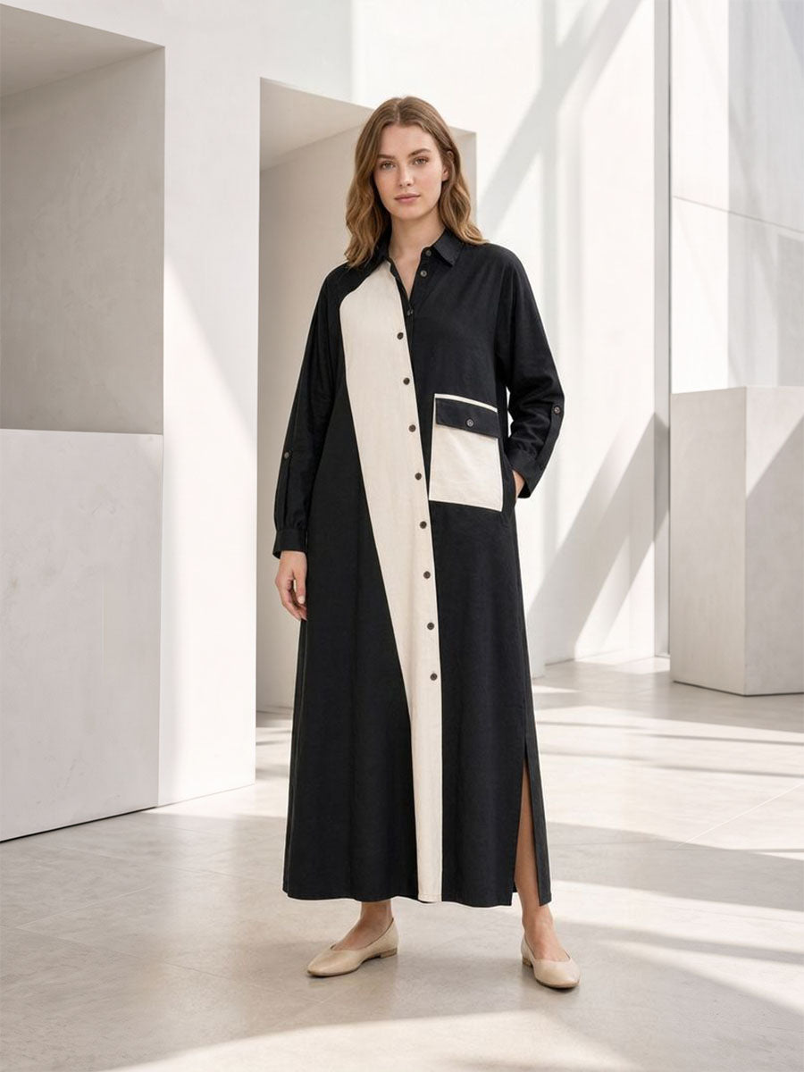 Split-side Split-Joint Pockets Contrast Color Buttoned Asymmetric Loose Long Sleeves Lapel Shirt Dress Maxi Dresses