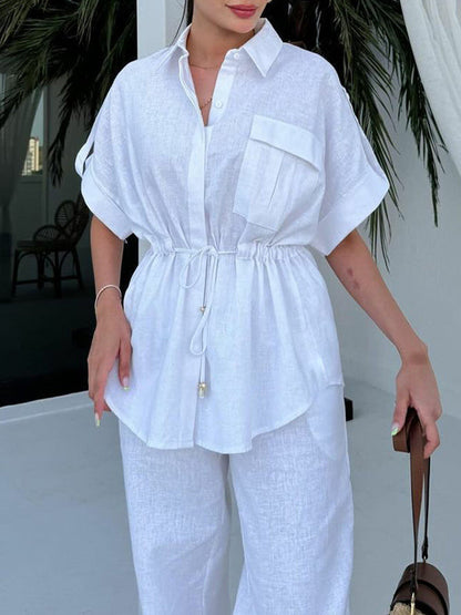 Loose Drawstring Split-Joint Tied Waist Lapel Blouse + High Waisted Pants Trousers Two Pieces Set