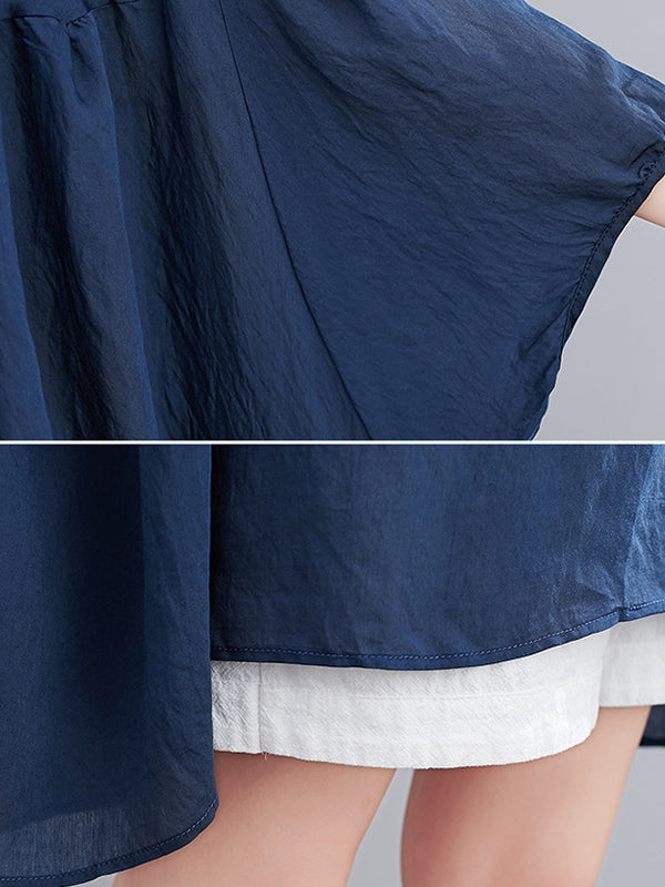 Half Sleeves Loose Pleated See-Through Solid Color Round-Neck Blouses&Shirts Tops