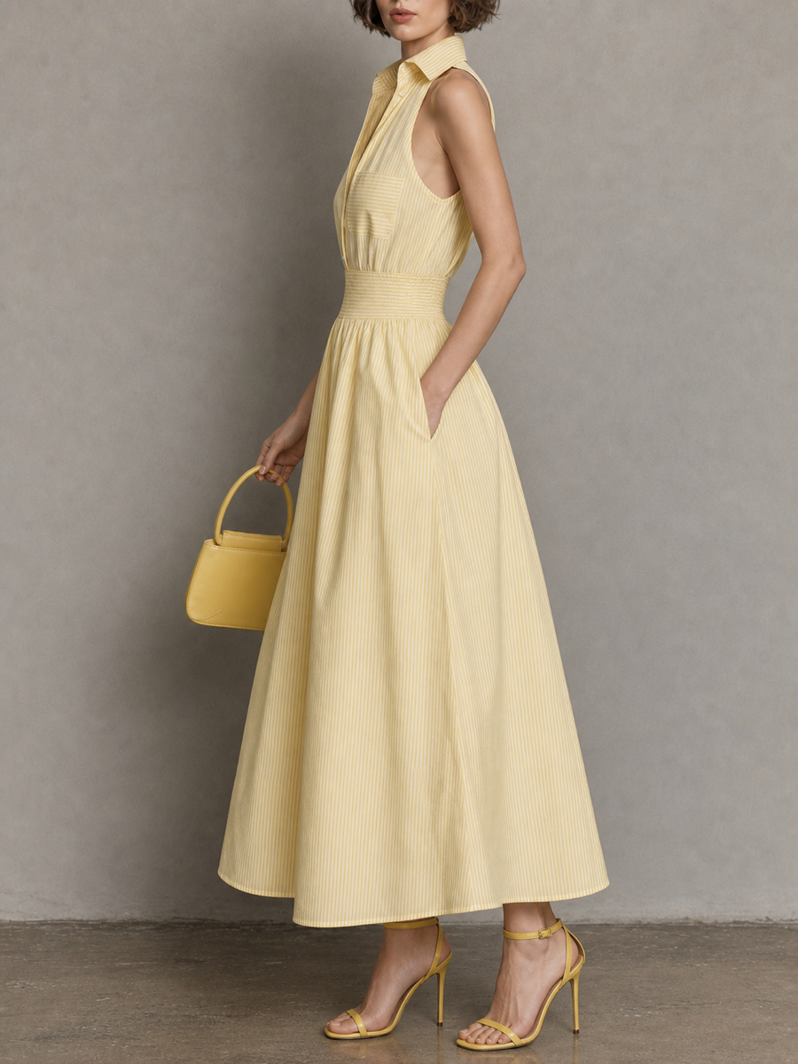 Striped Solid Color Pockets Pleated Sleeveless High Waisted Lapel Maxi Dresses