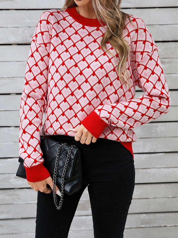 Long Sleeves Loose Contrast Color Jacquard Split-Joint Round-Neck Pullovers Sweater Tops