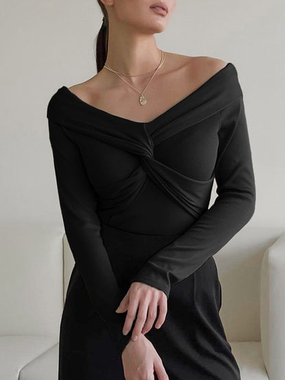 Long Sleeves Skinny Keep Warm Knot Solid Color V-Neck T-Shirts Tops