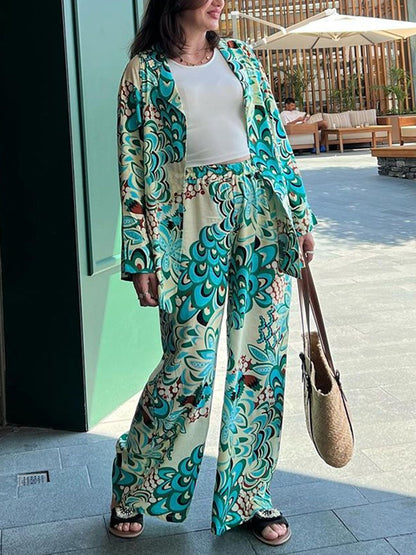 Flower Print Long Sleeves Buttoned Notched Collar Shirts Top + High Waisted Pants Bottom Two Pieces Set