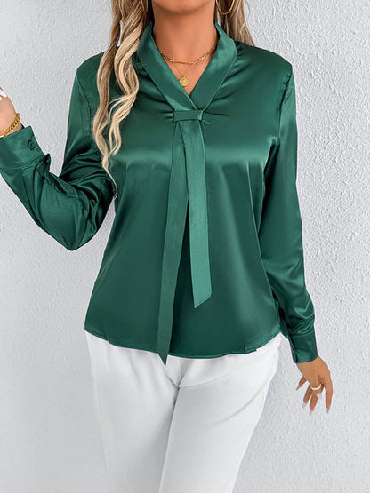Long Sleeves Loose Solid Color Split-Joint Streamer Scarf Collar Blouses&Shirts Tops