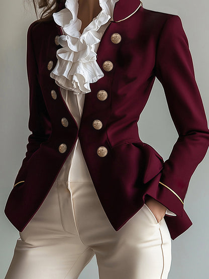 Long Sleeves Skinny Buttoned Solid Color Split-Joint Stand Collar Blazer Outerwear